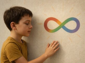 Boy touching wall with rainbow infinity symbol.