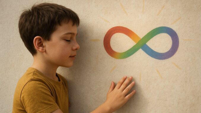 Boy touching wall with rainbow infinity symbol. Boy touching wall with rainbow infinity symbol.