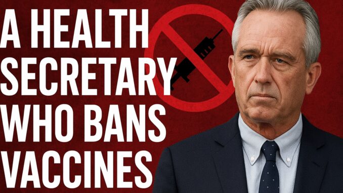 Man in suit with anti-vaccine symbol.