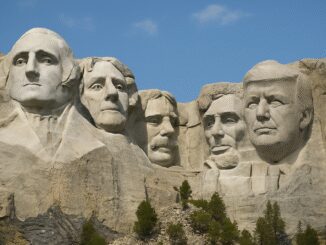 Mount Rushmore with five carved presidential faces.