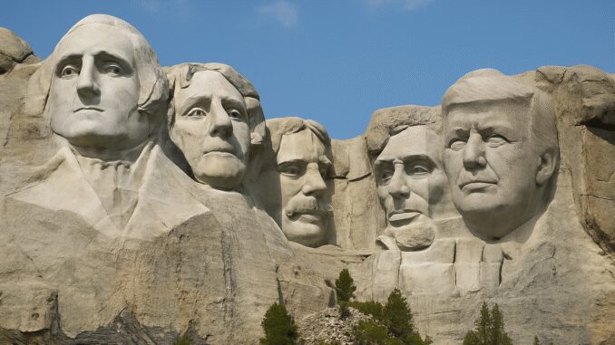 Mount Rushmore with five carved presidential faces.