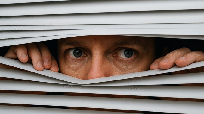 Person peeking through partially opened window blinds.