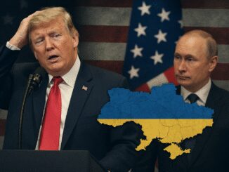 Two leaders with Ukraine map, USA flag background.