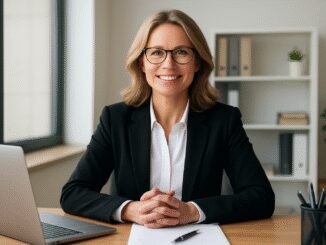 Smiling professional woman at office desk.