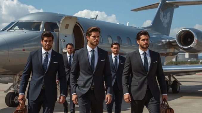 Men in suits walking from private jet.