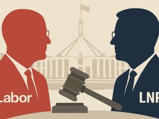 Silhouettes of political figures with gavel.