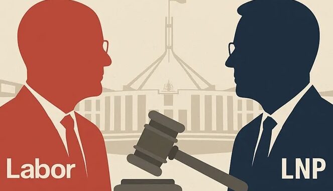 Silhouettes of political figures with gavel.