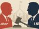 Silhouettes of political figures with gavel.