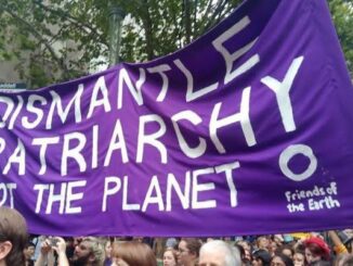 Protest banner reading "Dismantle Patriarchy Not Planet.