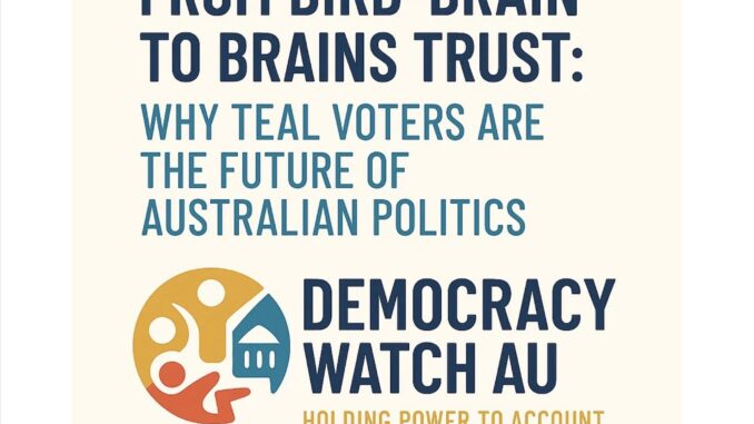 Democracy Watch AU political poster about teal voters. Democracy Watch AU political poster about teal voters.