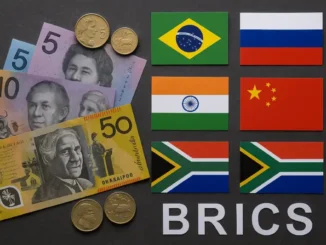 BRICS flags with currency and coins.