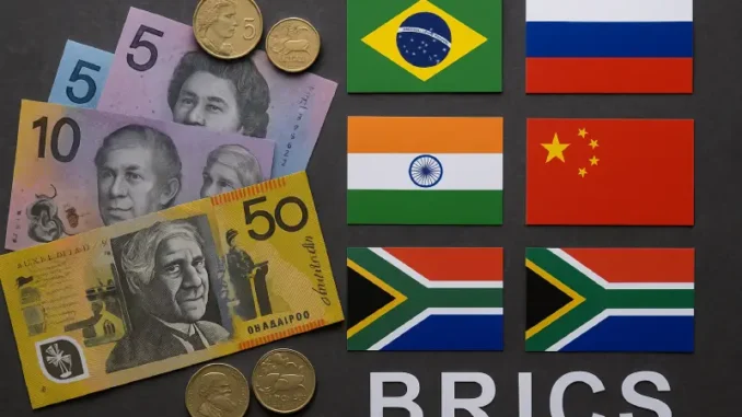 BRICS flags with currency and coins. BRICS flags with currency and coins.