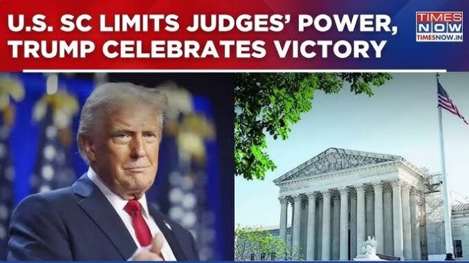 Trump celebrates Supreme Court decision, courthouse image.