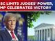 Trump celebrates Supreme Court decision, courthouse image.