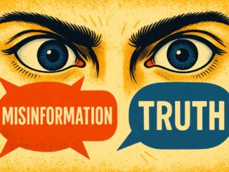 Eyes with speech bubbles: misinformation and truth.