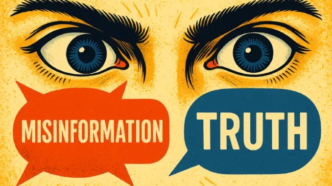 Eyes with speech bubbles: misinformation and truth.
