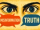 Eyes with speech bubbles: misinformation and truth.