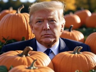 Man surrounded by pumpkins in outdoor setting.