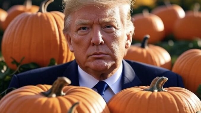 Man surrounded by pumpkins in outdoor setting.