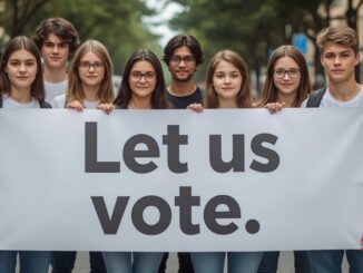 Young people holding "Let us vote" banner.