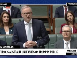 Politician speaking in parliamentary setting, news broadcast.