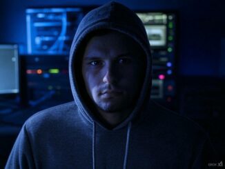 Person in hoodie in dark computer room.