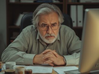 Man focused on computer screen at desk.