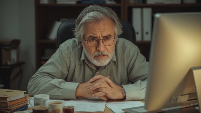 Man focused on computer screen at desk.