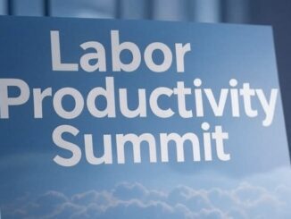 Labor Productivity Summit sign with clouds background.