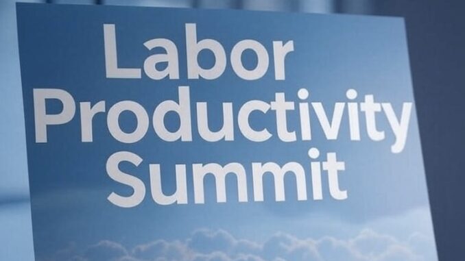 Labor Productivity Summit sign with clouds background.