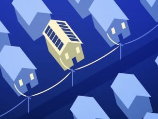 Solar-powered house among conventional houses illustration.