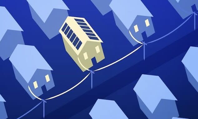 Solar-powered house among conventional houses illustration.
