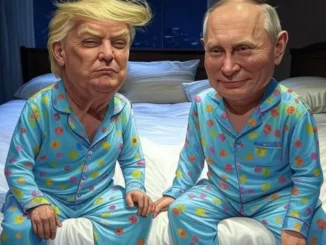 Two caricatures in matching pajamas sitting together.