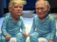 Two caricatures in matching pajamas sitting together.