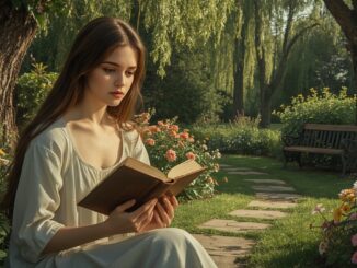 Woman reading book in a garden setting.