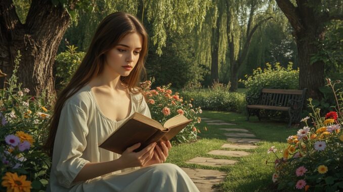 Woman reading book in a garden setting. Woman reading book in a garden setting.