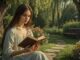 Woman reading book in a garden setting.