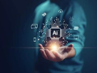 Person holding AI symbol with digital icons.