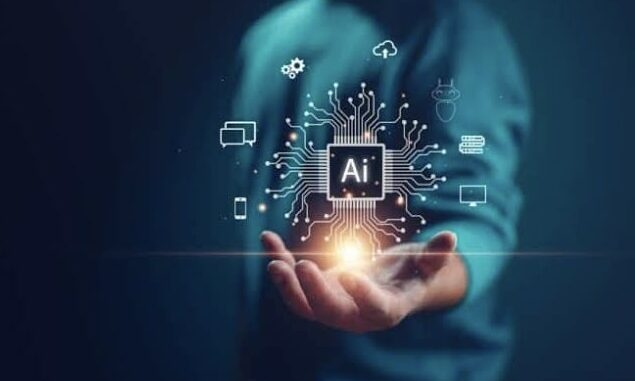 Person holding AI symbol with digital icons.
