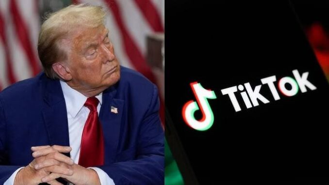 Man looking at TikTok logo on screen.