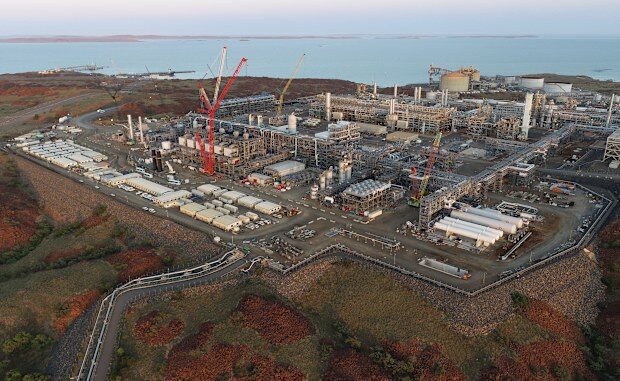 Industrial plant near the coast, aerial view.