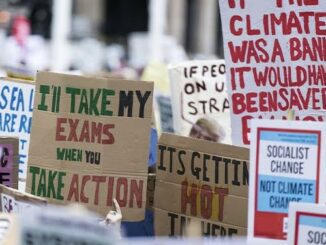 Climate protest with various signs and messages.