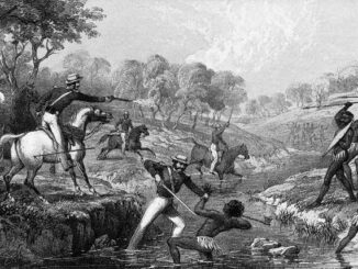 Colonial confrontation between soldiers and Indigenous people.