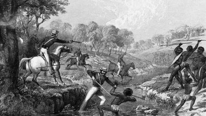 Colonial confrontation between soldiers and Indigenous people.