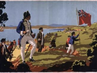 Historical scene with sailors and British flag.
