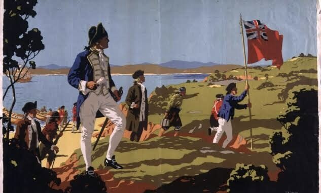 Historical scene with sailors and British flag. Historical scene with sailors and British flag.