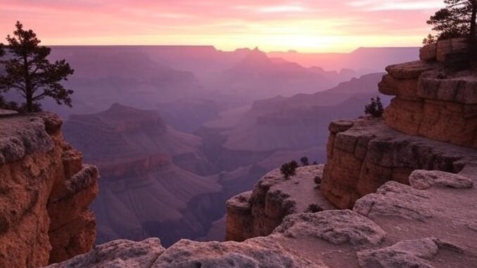 Grand Canyon sunrise with colorful sky.