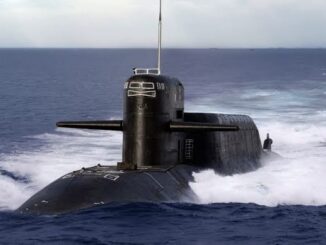 Submarine surfacing in the open ocean waters.
