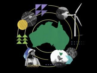 Australia map surrounded by renewable energy symbols.