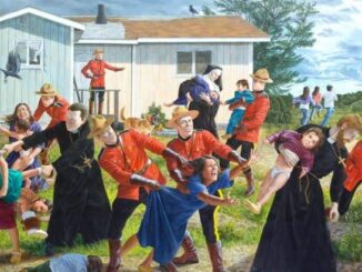 Mounties and nuns taking Indigenous children away.